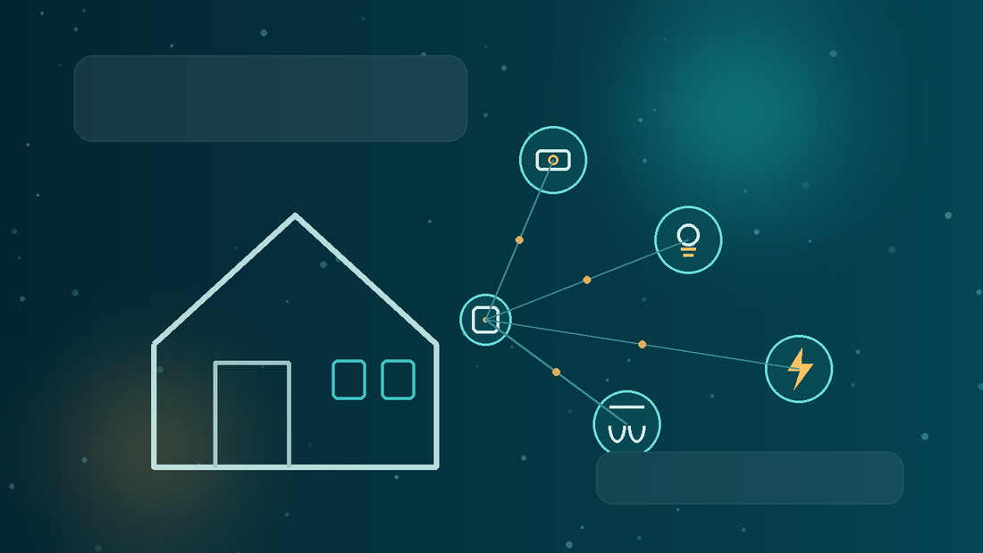Modern smart home automation illustration with connected lighting, security and energy controls