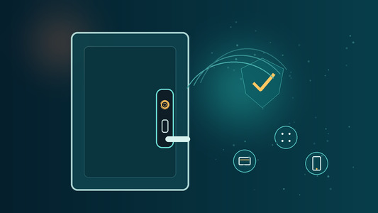 Modern front door with smart lock, fingerprint access and connected security illustration