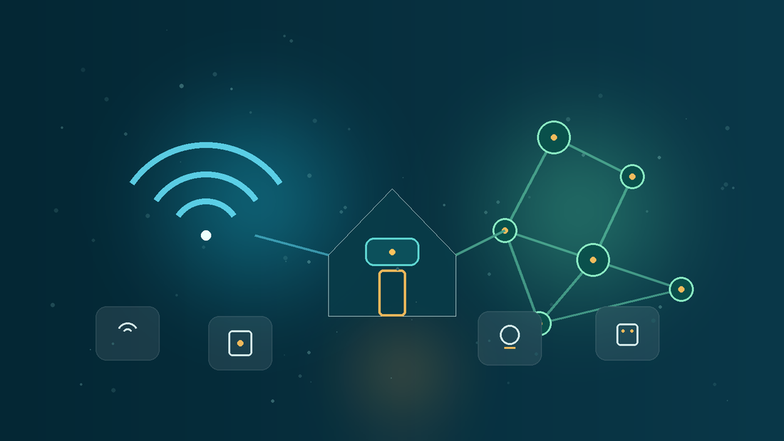 Smart home network illustration comparing Wi-Fi signals and Zigbee mesh devices