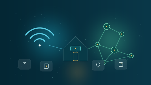 Smart home network illustration comparing Wi-Fi signals and Zigbee mesh devices