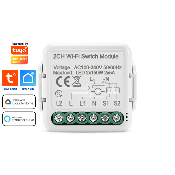 Smart WI-FI 2CH 150W LED Light / 5A 1000W Appliance Neutral Mini Switch