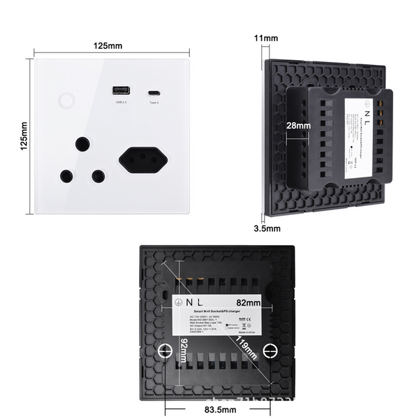 Smart WIFI 20A 4000W 3 Pin 2 Pin Plug USB QC3.0 Switch w/ Power Monitor (White)