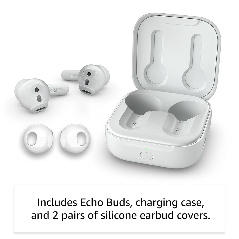 Echo Buds (2023 Release) True Wireless Bluetooth 5.2 Earbuds with Alexa, charging case White