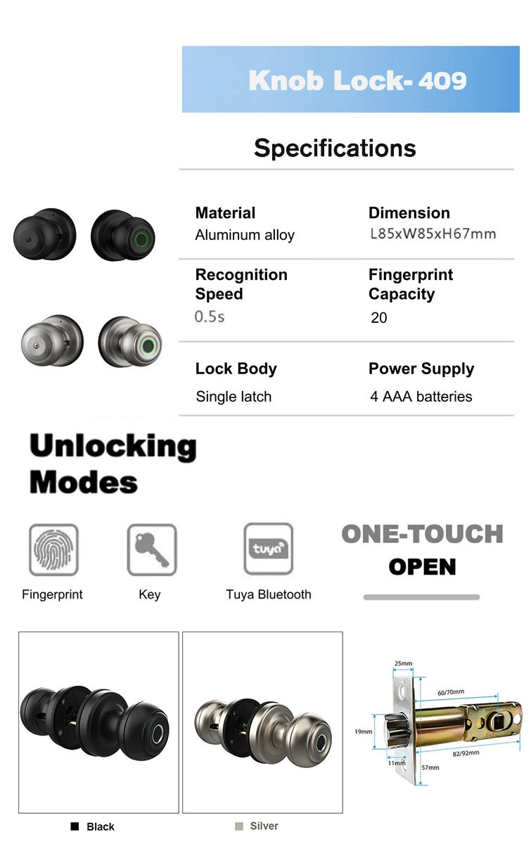 Smart Bluetooth Access Control Fingerprint Knob Door Handle Lock