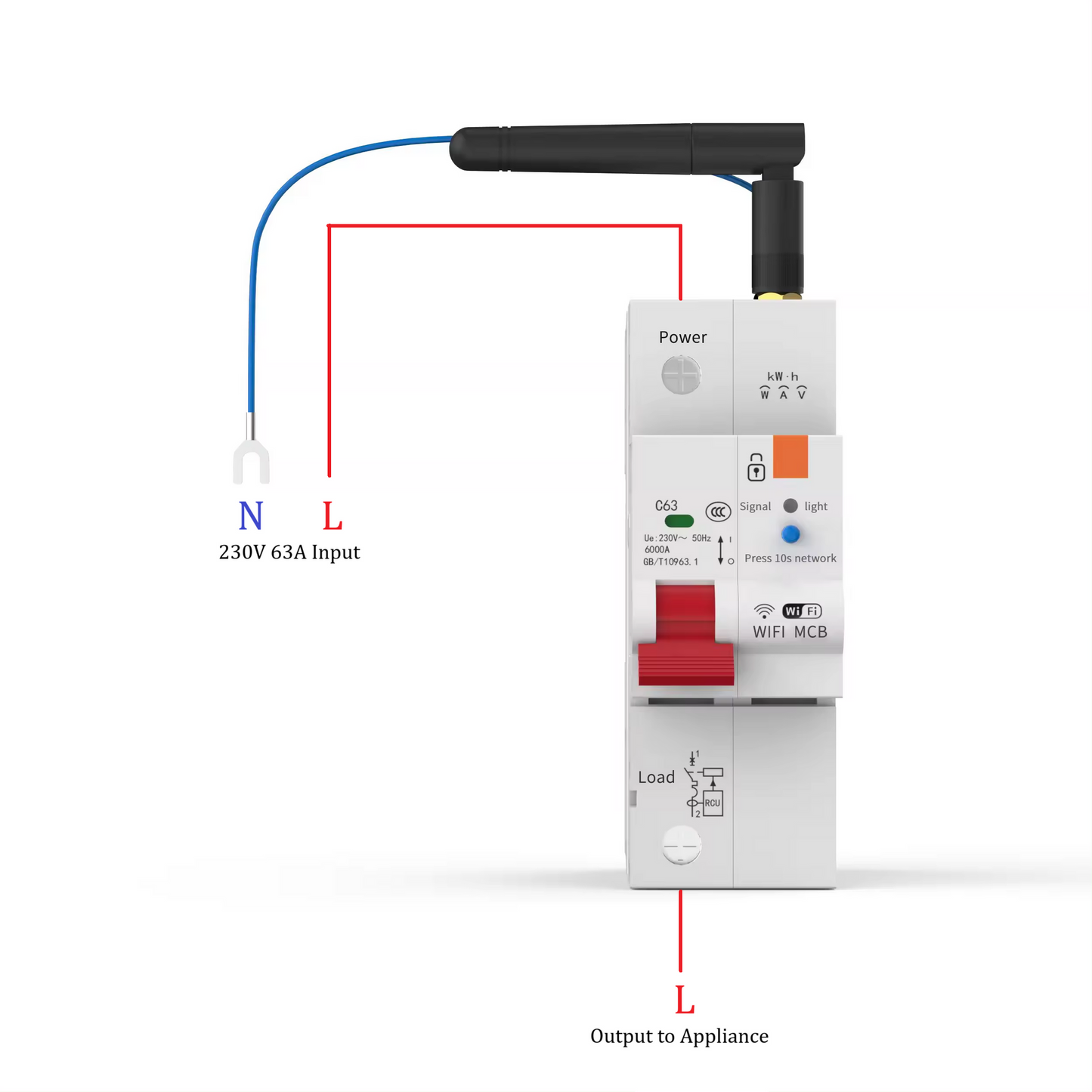 Smart Wi-Fi 1P 230V 63A 13800W 13.8KW MCB Switch Circuit Breaker w/ Power Monitor
